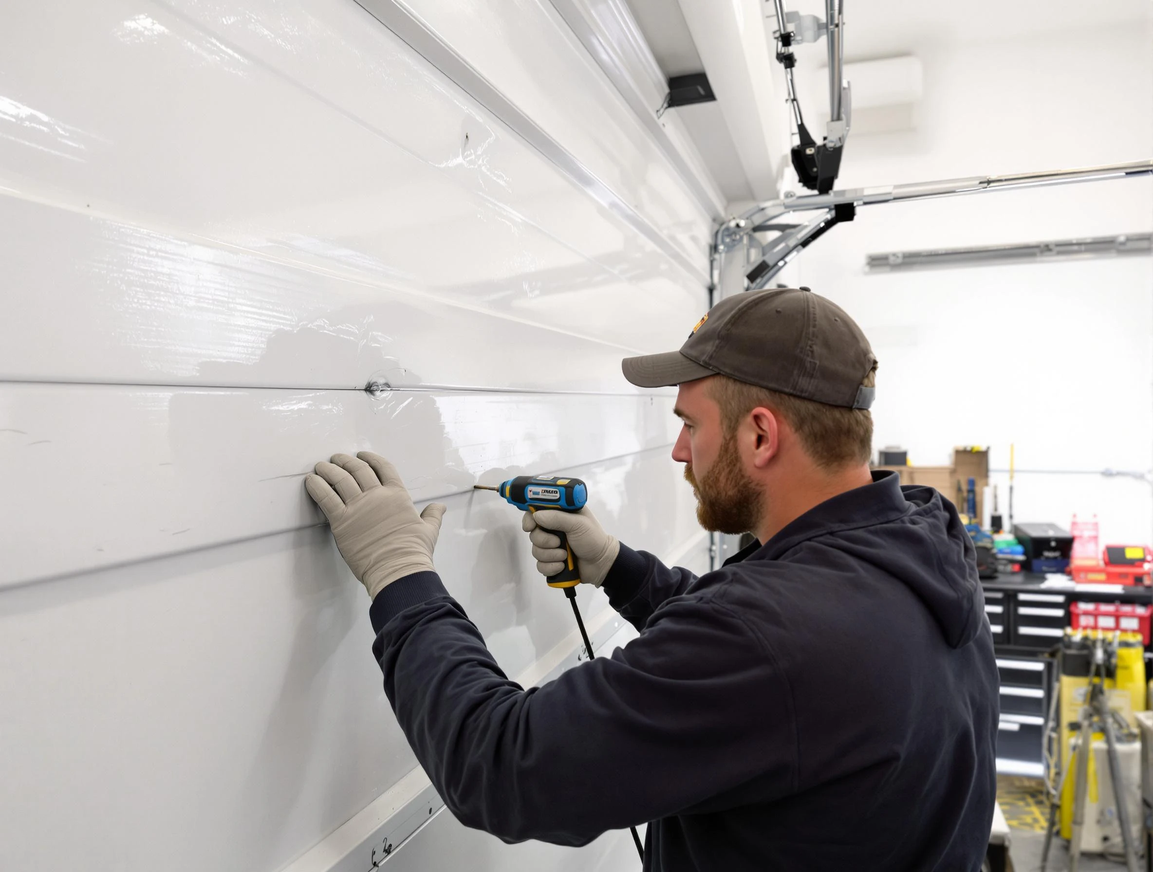 Bradley Gardens Garage Door Repair technician demonstrating precision dent removal techniques on a Bradley Gardens garage door